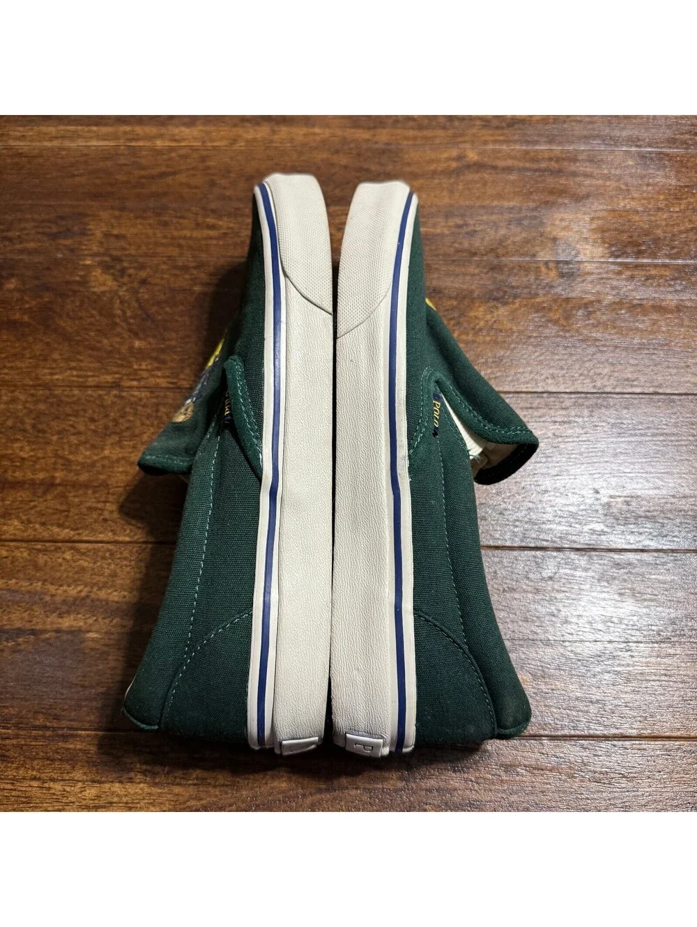 Polo Ralph Lauren Mens Keaton Slip On Polo Bear Shoes 8 Green Canvas Preppy Logo